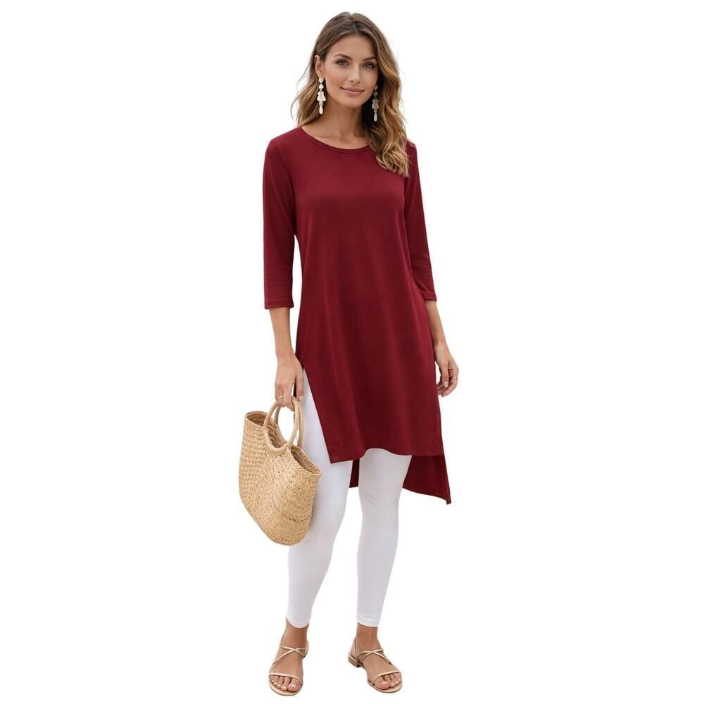 CLARA SUNWOO Women’s Side Slit Long Lagenlook Tunic Top Red/Burgundy Size Small